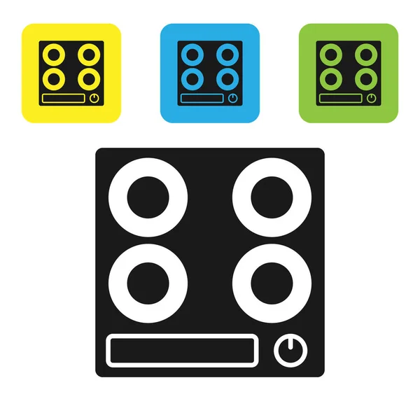 Schwarzer Gasherd auf weißem Hintergrund isoliert. Kochschild. Kochfeld mit vier Kreisbrennern. setzen Symbole bunte quadratische Tasten. Vektorillustration — Stockvektor