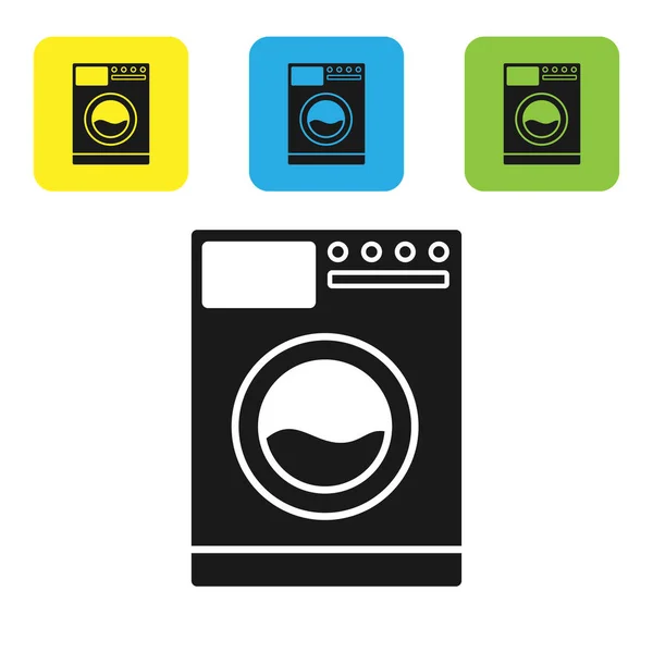 Schwarzes Unterlegscheibensymbol isoliert auf weißem Hintergrund. Waschmaschinensymbol. Waschmaschine - Waschmaschine. Haushaltsgerätesymbol. setzen Symbole bunte quadratische Tasten. Vektorillustration — Stockvektor