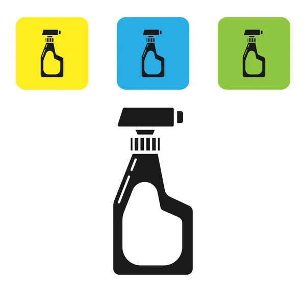 Zwarte reinigingsspray fles met wasmiddel vloeistof pictogram geïsoleerd op witte achtergrond. Stel pictogrammen kleurrijke vierkante knoppen. Vector Illustratie — Stockvector