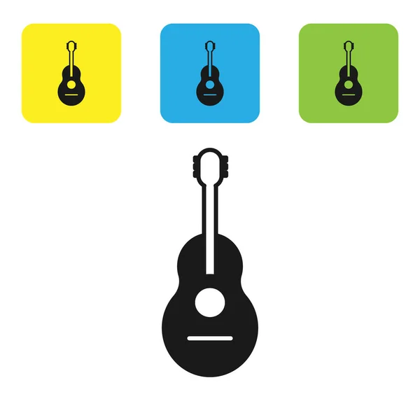 Schwarzes Gitarrensymbol isoliert auf weißem Hintergrund. akustische Gitarre. Saiteninstrument. setzen Symbole bunte quadratische Tasten. Vektorillustration — Stockvektor