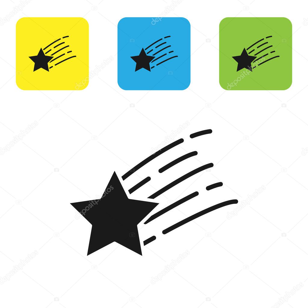 Black Falling star icon isolated on white background. Shooting star with star trail. Meteoroid, meteorite, comet, asteroid, star icon. Set icons colorful square buttons. Vector Illustration