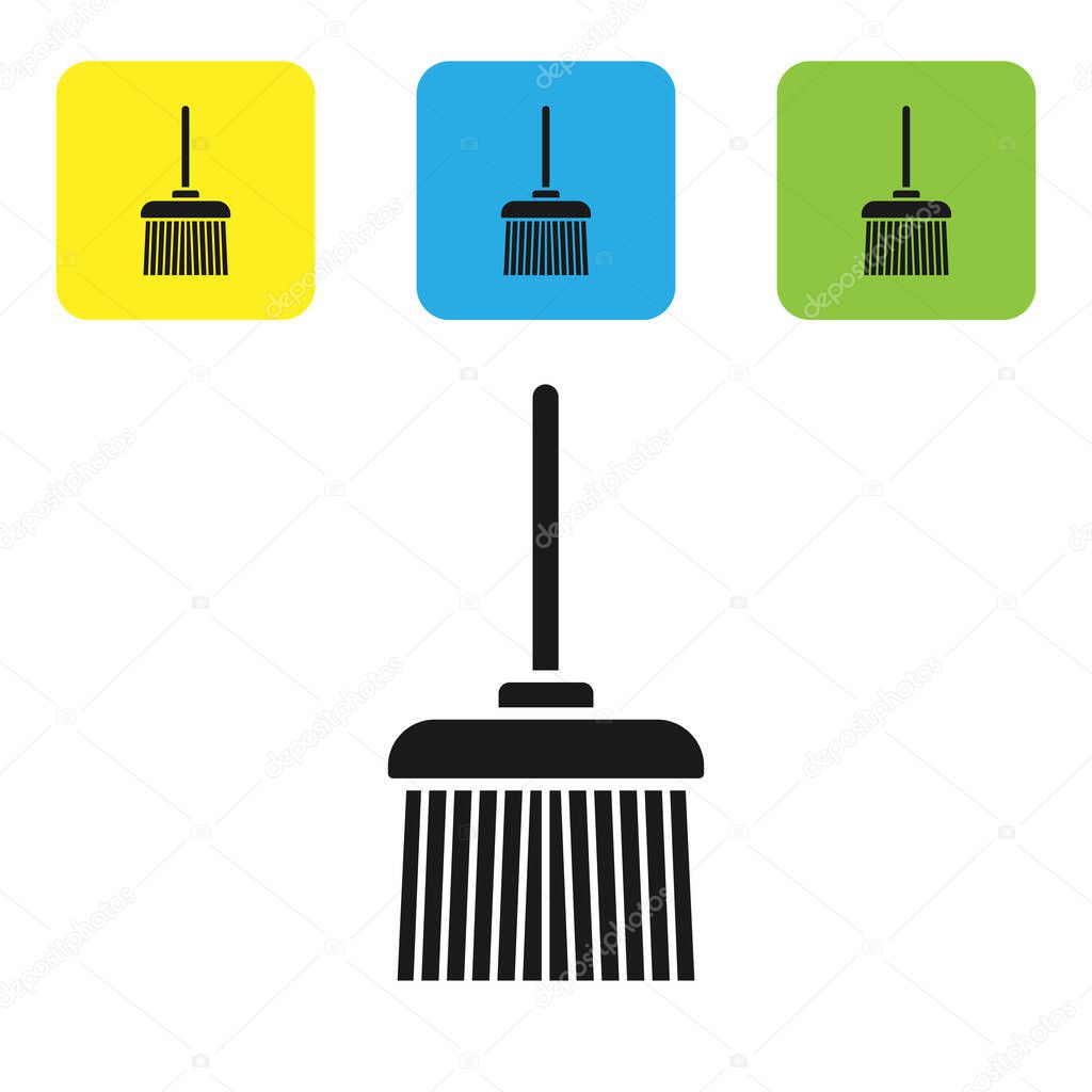 Black Handle broom icon isolated on white background. Cleaning service concept. Set icons colorful square buttons. Vector Illustration