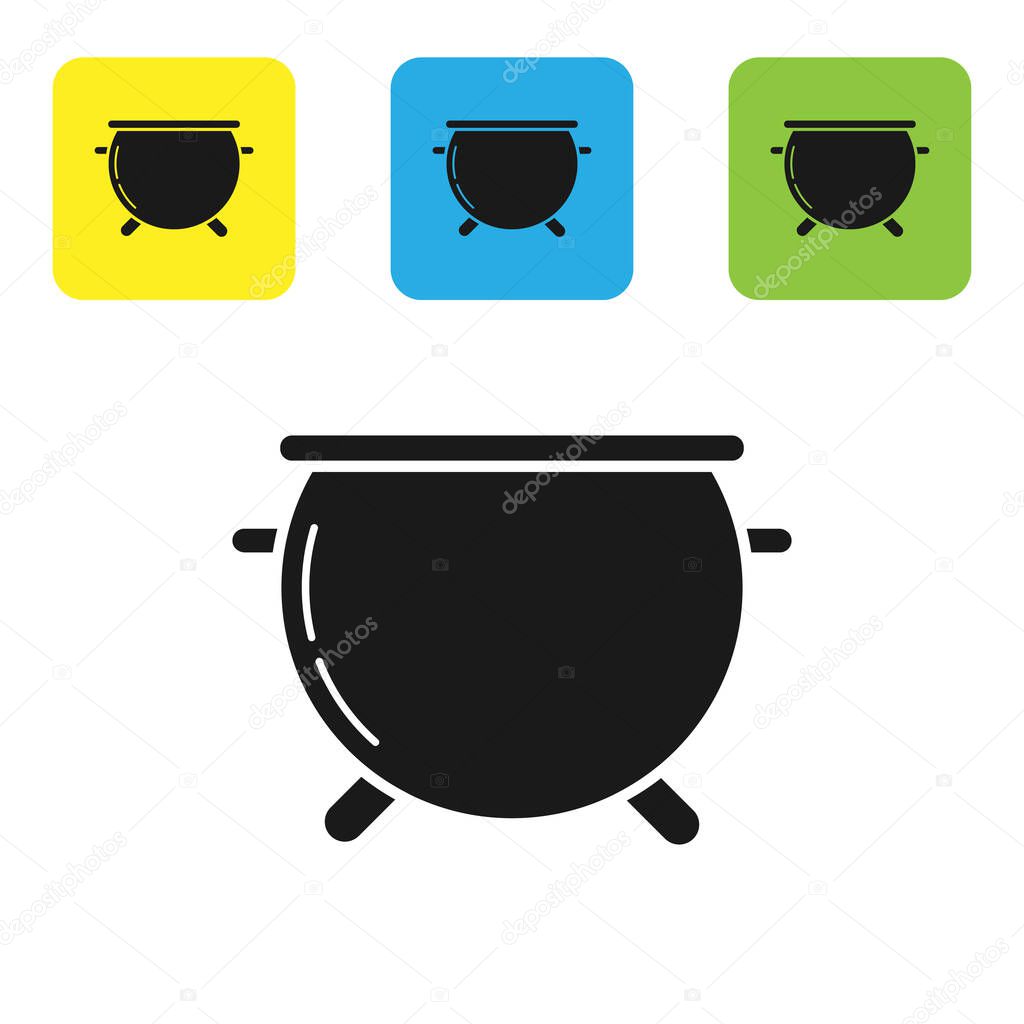 Black Halloween witch cauldron icon isolated on white background. Happy Halloween party. Set icons colorful square buttons. Vector Illustration