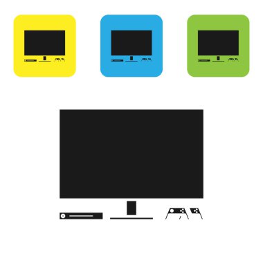 Siyah Oyun konsolu simgesi beyaz arkaplanda izole edildi. Oyun konsolu, joystick ve LCD televizyonla. Renkli kare düğmeleri ayarlayın. Vektör İllüstrasyonu