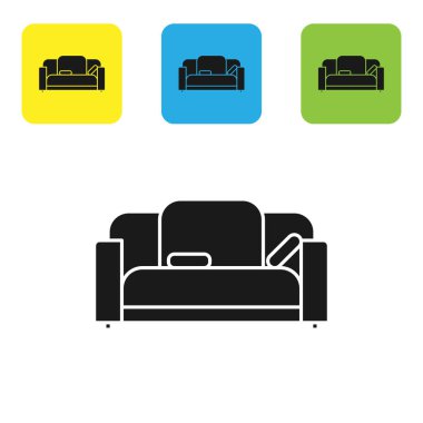 Beyaz arkaplanda siyah kanepe simgesi izole edildi. Renkli kare düğmeleri ayarlayın. Vektör İllüstrasyonu