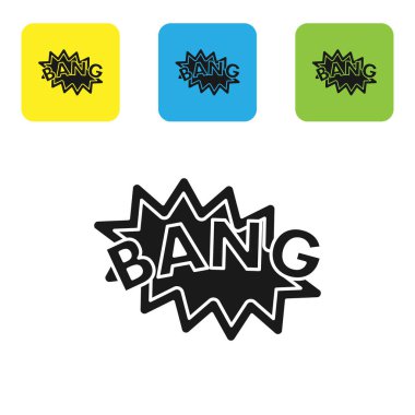 Kara Patlama, beyaz arka planda izole edilmiş silah çizgi roman konuşma balonu ikonu. Renkli kare düğmeleri ayarlayın. Vektör İllüstrasyonu
