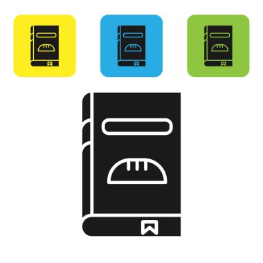 Siyah Yemek Kitabı simgesi beyaz arkaplanda izole edildi. Yemek kitabı ikonu. Yemek tarifi kitabı. Çatal ve bıçak ikonları. Çatal bıçak sembolü. Renkli kare düğmeleri ayarlayın. Vektör İllüstrasyonu