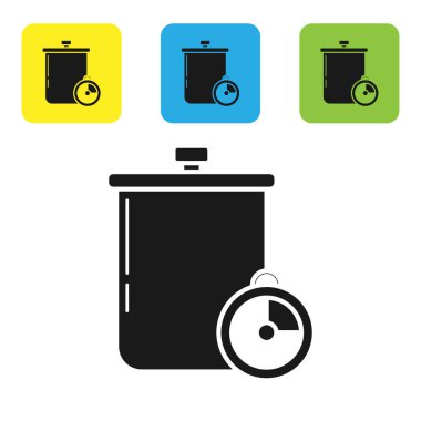 Siyah tencere ve mutfak kronometresi beyaz arka planda izole edilmiş. Haşlama ya da güveç besin sembolü. Renkli kare düğmeleri ayarlayın. Vektör İllüstrasyonu