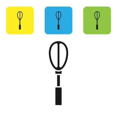 Siyah Mutfak çırpma simgesi beyaz arkaplanda izole edildi. Mutfak aletleri, yumurta çırpıcı. Çatal bıçak seti. Yemek karışımı sembolü. Renkli kare düğmeleri ayarlayın. Vektör İllüstrasyonu