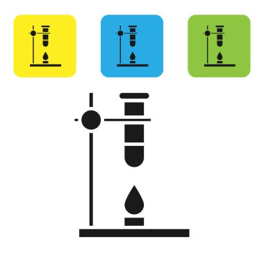 Beyaz arka planda izole edilmiş siyah cam deney tüpü ısıtıcı deney ikonu üzerinde deney tüpü. Laboratuvar ekipmanları. Renkli kare düğmeleri ayarlayın. Vektör İllüstrasyonu