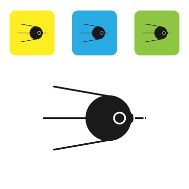 Siyah uydu simgesi beyaz arkaplanda izole edildi. Renkli kare düğmeleri ayarlayın. Vektör İllüstrasyonu