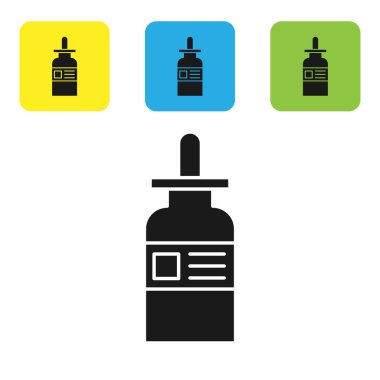 Beyaz arka planda izole edilmiş bir pipet ikonu olan siyah cam şişe. Tıbbi ve kozmetik ürünler için konteynır. Renkli kare düğmeleri ayarlayın. Vektör İllüstrasyonu