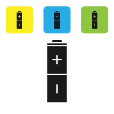 Siyah Batarya simgesi beyaz arkaplanda izole edildi. Şimşek sembolü. Renkli kare düğmeleri ayarlayın. Vektör İllüstrasyonu