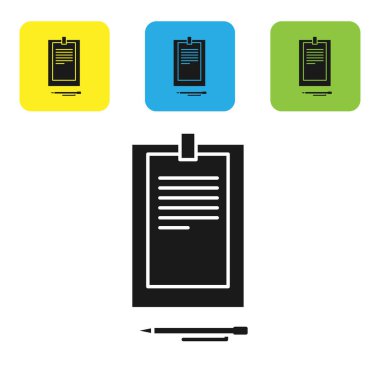 Beyaz arkaplanda izole edilmiş belge simgesine sahip siyah pano. Renkli kare düğmeleri ayarlayın. Vektör İllüstrasyonu