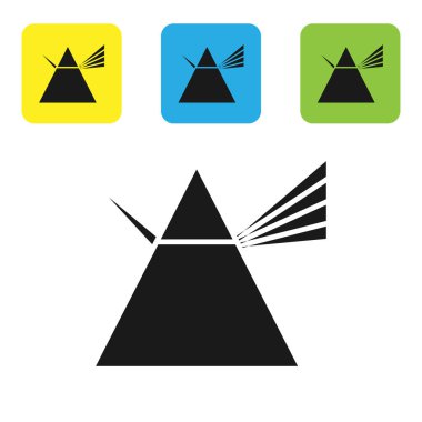 Beyaz arka planda izole edilmiş prizma simgesindeki siyah ışık ışınları. Cam prizmada gökkuşağı spektrum dağılımı optik etkisi. Renkli kare düğmeleri ayarlayın. Vektör İllüstrasyonu