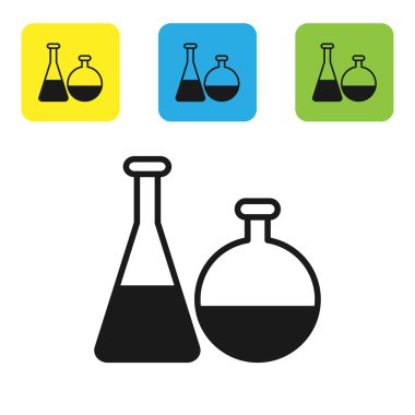 Beyaz arka planda siyah test tüpü ve kimyasal test ikonu izole edildi. Laboratuvar cam levhası. Renkli kare düğmeleri ayarlayın. Vektör İllüstrasyonu