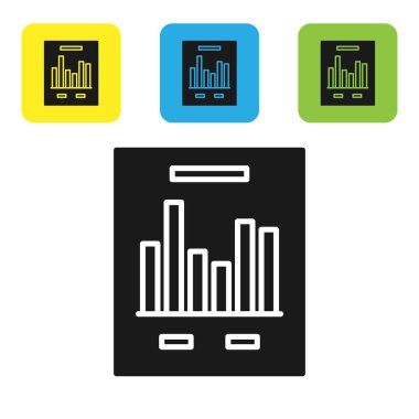 Siyah belge grafik grafik simgesi beyaz arka planda yalıtılmış. Rapor metin dosyası simgesi. Hesap işareti. Denetim, analiz, planlama. Set simgeleri renkli kare düğmeler. Vektör Illustration
