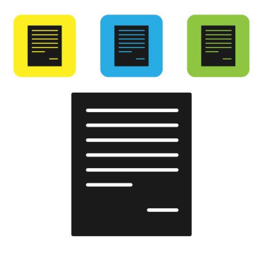 Siyah belge simgesi beyaz arka planda yalıtılmış. Dosya simgesi. Kontrol listesi simgesi. İş konsepti. Set simgeleri renkli kare düğmeler. Vektör Illustration