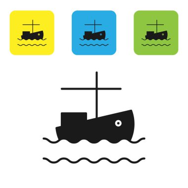 Su ikonu üzerindeki siyah balıkçı teknesi beyaz arka planda izole edilmiş. Renkli kare düğmeleri ayarlayın. Vektör İllüstrasyonu