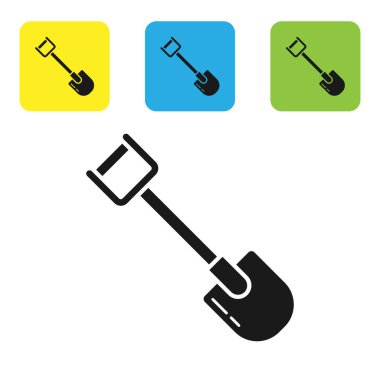 Beyaz arka planda izole siyah kürek simgesi. Bahçe aracı. Bahçecilik, tarım, Tarım için araç. Set simgeleri renkli kare düğmeler. Vektör Illustration
