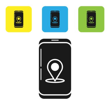 Siyah Infographic şehir haritası navigasyon simgesi beyaz arka planda izole. Mobil uygulama arayüzü konsept tasarımı. Geolacation kavramı. Set simgeleri renkli kare düğmeler. Vektör Illustration