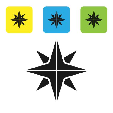 Siyah rüzgar beyaz arka planda izole simgesi yükseldi. Seyahat için pusula simgesi. Navigasyon tasarımı. Set simgeleri renkli kare düğmeler. Vektör Illustration