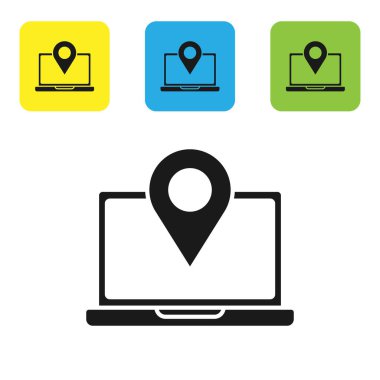 Beyaz arkaplanda konum belirleyici simgesi olan siyah dizüstü bilgisayar. Renkli kare düğmeleri ayarlayın. Vektör İllüstrasyonu