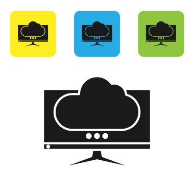 Siyah bilgisayar monitör ekran simgesi beyaz arka planda yalıtılmış. Elektronik cihaz. Ön görünüm. Set simgeleri renkli kare düğmeler. Vektör Illustration