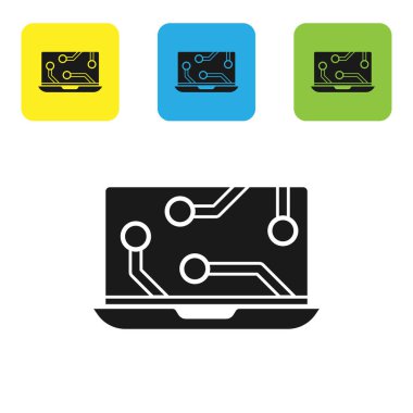 Beyaz arkaplanda siyah dizüstü bilgisayar simgesi izole edildi. Teknoloji ve cihazlar konsepti renkli kare düğmeler ayarlayın. Vektör İllüstrasyonu