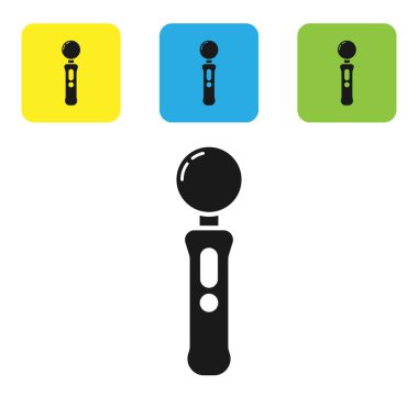 Siyah Oyun Alanı simgesi beyaz arkaplanda izole edildi. Oyun kontrolörü. Renkli kare düğmeleri ayarlayın. Vektör İllüstrasyonu