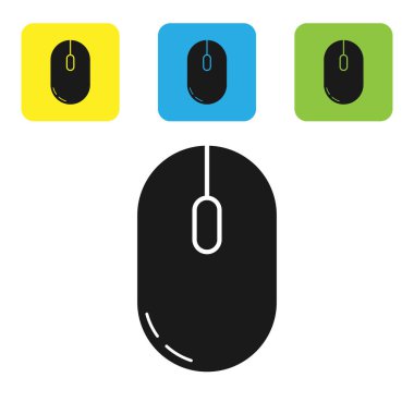 Siyah bilgisayar fare simgesi beyaz arka planda yalıtılmış. Tekerlek sembollü optik. Set simgeleri renkli kare düğmeler. Vektör Illustration