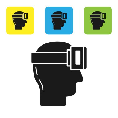 Siyah sanal gerçeklik gözlüğü simgesi beyaz arkaplanda izole edilmiş. Stereoskopik 3D VR maskesi. Renkli kare düğmeleri ayarlayın. Vektör İllüstrasyonu