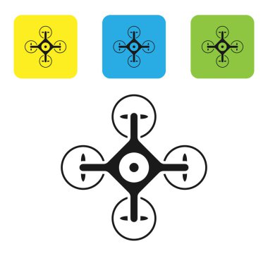 Siyah drone eylem video kamera simgesi beyaz arka planda izole ile uçan. Video ve fotoğraf kamera sembolü ile quadrocopter. Set simgeleri renkli kare düğmeler. Vektör Illustration