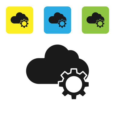 Siyah Bulut teknoloji veri transferi ve depolama simgesi beyaz arka planda izole edildi. Ayarlama, servis, ayar, bakım, onarım, onarım. Renkli kare düğmeleri ayarlayın. Vektör İllüstrasyonu