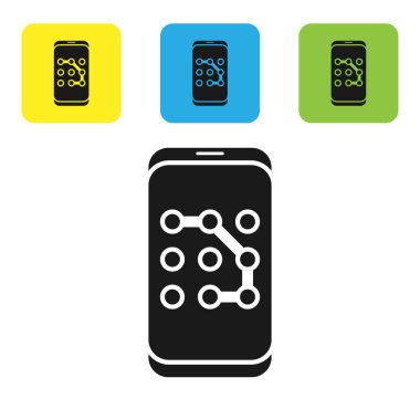 Siyah cep telefonu ve beyaz arkaplanda izole edilmiş grafik şifre koruma simgesi. Güvenlik, güvenlik, kişisel erişim, kullanıcı yetkisi. Renkli kare düğmeleri ayarlayın. Vektör İllüstrasyonu