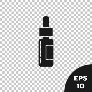 Pipetli, siyah cam bir şişe. Şeffaf arkaplanda izole edilmiş, içinde pipet olan bir şişe. Tıbbi ve kozmetik ürünler için konteynır. Vektör İllüstrasyonu