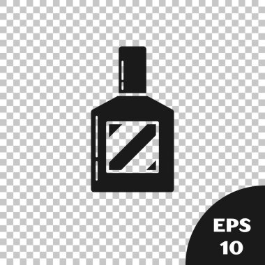 Şeffaf arkaplanda siyah tıraş losyonu simgesi izole edildi. Parfüm spreyi ikonu. Erkek parfüm şişesi. Vektör İllüstrasyonu