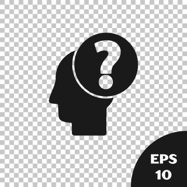 Şeffaf arkaplanda soru işareti simgesi olan siyah insan kafası. Vektör İllüstrasyonu
