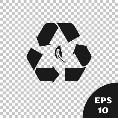 Şeffaf arkaplanda siyah geri dönüşüm sembolü ve yaprak simgesi izole edildi. Çevre geri dönüşümü yeşile döner. Vektör İllüstrasyonu