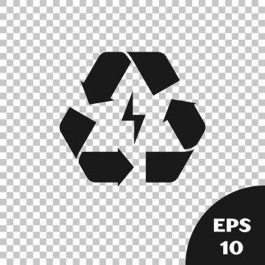 Geri dönüşüm sembolü simgesi olan siyah pil şeffaf arkaplanda izole edilmiş. Geri dönüşüm sembollü pil - yenilenebilir enerji konsepti. Vektör İllüstrasyonu