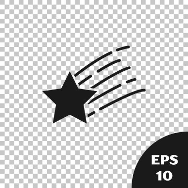 Siyah Kayan Yıldız simgesi şeffaf arkaplanda izole edildi. Yıldız izi ile kayan yıldız. Göktaşı, göktaşı, kuyruklu yıldız, asteroid, yıldız ikonu. Vektör İllüstrasyonu