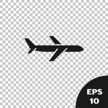 Siyah düzlem simgesi şeffaf arka planda yalıtılmış. Uçan uçak simgesi. Airliner işareti. Vektör Illustration