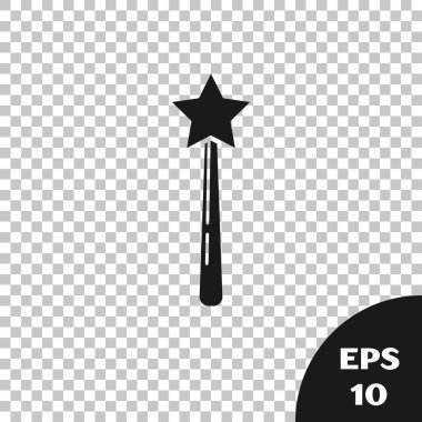 Kara Büyü değnek simgesi saydam arka planda izole. Yıldız şekli sihirli aksesuar. Sihirli güç. Vektör İllüstrasyonu