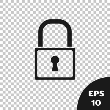 Siyah Kilit simgesi şeffaf arkaplanda izole edildi. Asma kilit işareti. Güvenlik, güvenlik, koruma, gizlilik kavramı. Vektör İllüstrasyonu