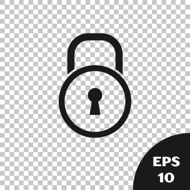 Siyah Kilit simgesi şeffaf arkaplanda izole edildi. Asma kilit işareti. Güvenlik, güvenlik, koruma, gizlilik kavramı. Vektör İllüstrasyonu