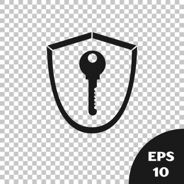 Şeffaf arkaplanda anahtar simgesi olan Siyah Kalkan. Koruma ve güvenlik kavramı. Güvenlik rozeti ikonu. Mahremiyet bayrağı. Savunma etiketi. Vektör İllüstrasyonu