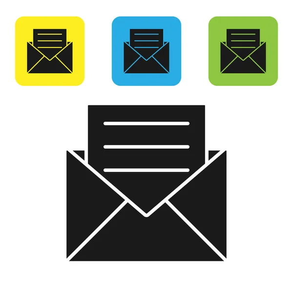 Envelope preto com ícone de cartão de convite isolado no fundo branco. Definir ícones coloridos botões quadrados. Ilustração vetorial — Vetor de Stock