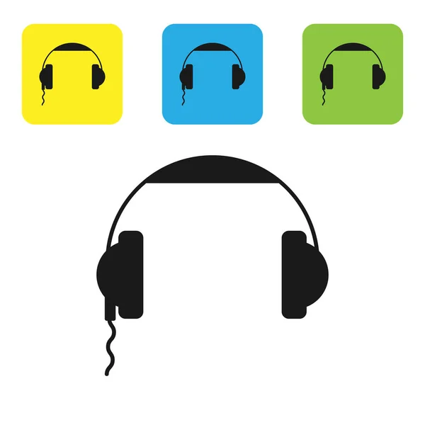 Icono de auriculares negros aislado sobre fondo blanco. Signo de auriculares. Concepto para escuchar música, servicio, comunicación y operador. Establecer iconos coloridos botones cuadrados. Ilustración vectorial — Vector de stock