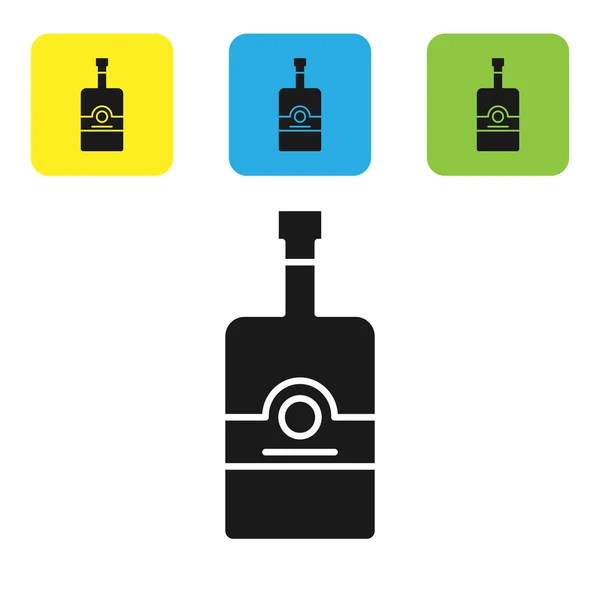 Symbol einer schwarzen Whiskeyflasche isoliert auf weißem Hintergrund. setzen Symbole bunte quadratische Tasten. Vektorillustration — Stockvektor