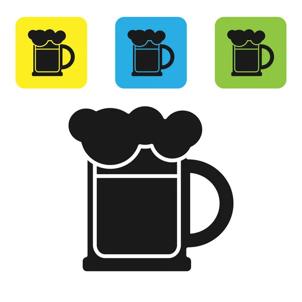 Μαύρο ξύλινο εικονίδιο κούπα μπύρας απομονώνεται σε λευκό φόντο. Ορίστε εικονίδια πολύχρωμα τετράγωνα κουμπιά. Απεικόνιση διανυσματικών φορέων — Διανυσματικό Αρχείο